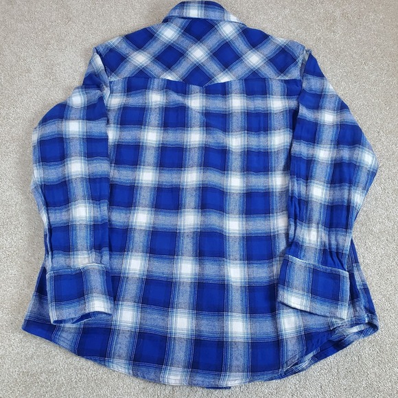 Wrangler Wrancher Men's Flannel Shirt Blue Plaid Long Sleeve Size L Pearl Snaps - Picture 4 of 16
